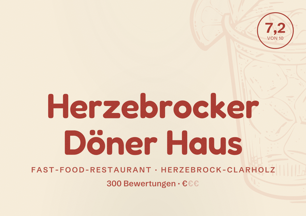 Illustriertes Poster von Herzebrocker Döner Haus, Fast-Food-Restaurant in Herzebrock-Clarholz: Bewertung 7,2 von 10 aus 300 Bewertungen, Preisniveau €