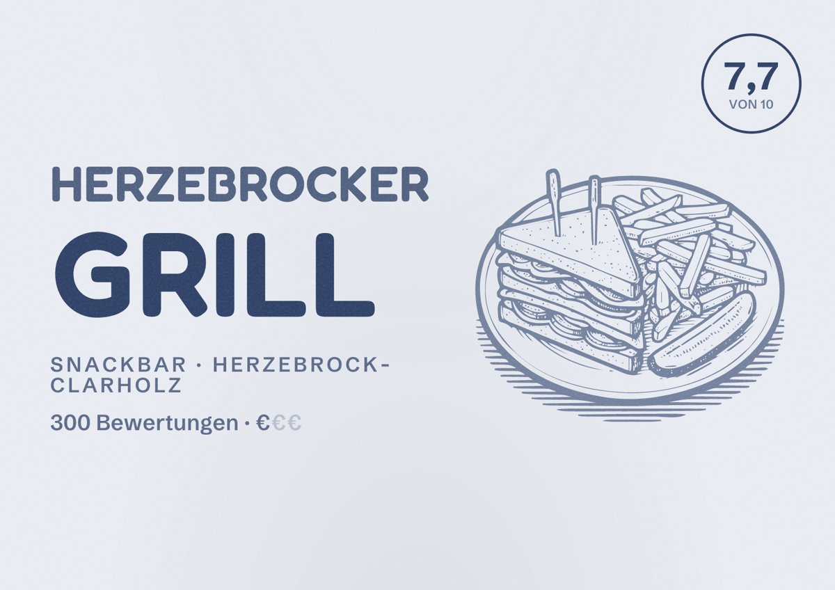 Illustriertes Poster von Herzebrocker Grill, Snackbar in Herzebrock-Clarholz: Bewertung 7,7 von 10 aus 300 Bewertungen, Preisniveau €