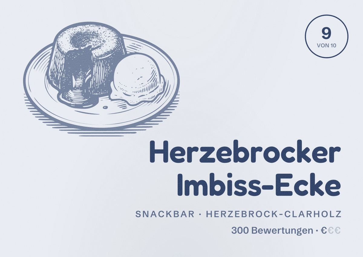 Illustriertes Poster von Herzebrocker Imbiss-Ecke, Snackbar in Herzebrock-Clarholz: Bewertung 9 von 10 aus 300 Bewertungen, Preisniveau €
