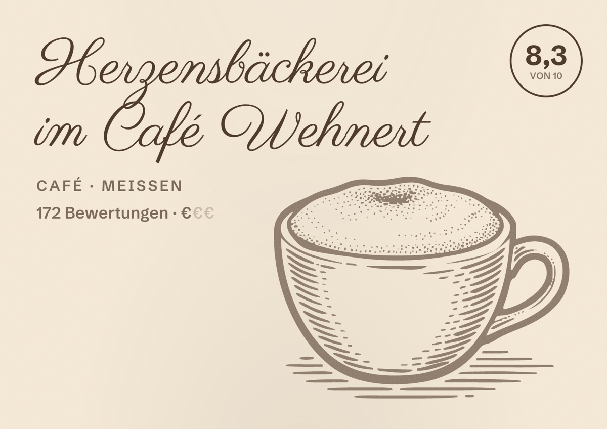 Illustriertes Poster von Herzensbäckerei im Café Wehnert, Café in Meißen: Bewertung 8,3 von 10 aus 172 Bewertungen, Preisniveau €