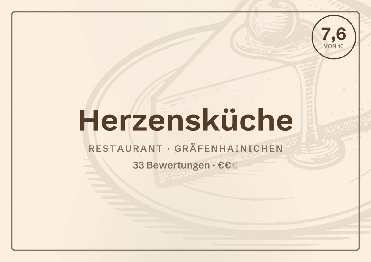 Illustriertes Poster von Herzensküche, Restaurant in Gräfenhainichen: Bewertung 7,6 von 10 aus 33 Bewertungen, Preisniveau €€