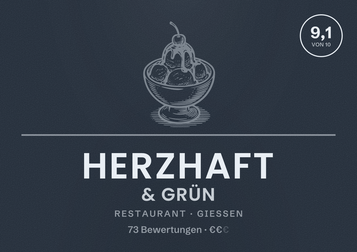 Illustriertes Poster von Herzhaft & Grün, Restaurant in Gießen: Bewertung 9,1 von 10 aus 73 Bewertungen, Preisniveau €€