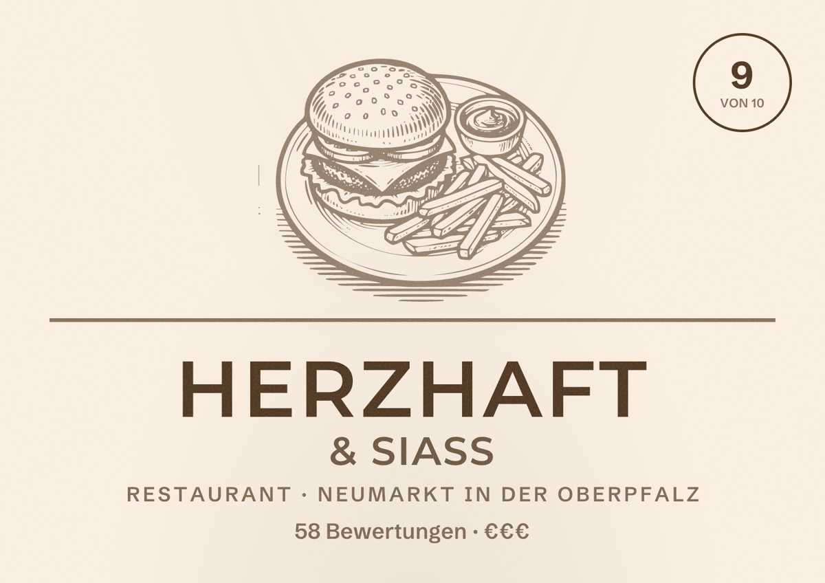 Illustriertes Poster von Herzhaft & Siass, Restaurant in Neumarkt in der Oberpfalz: Bewertung 9 von 10 aus 58 Bewertungen, Preisniveau €€€