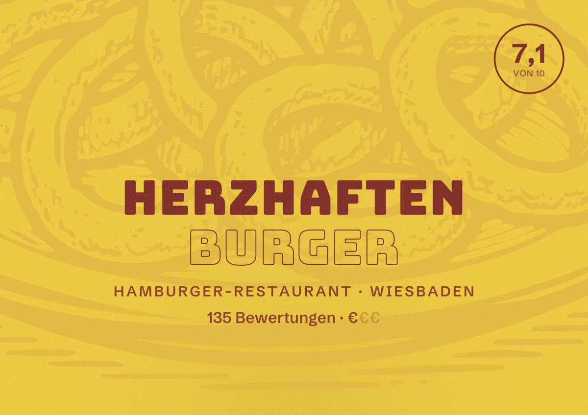 Illustriertes Poster von Herzhaften Burger, Hamburger-Restaurant in Wiesbaden: Bewertung 7,1 von 10 aus 135 Bewertungen, Preisniveau €