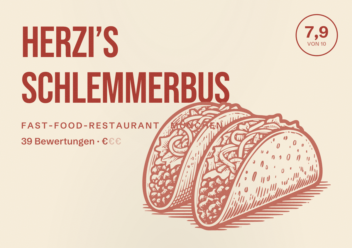 Illustriertes Poster von Herzi’s Schlemmerbus, Fast-Food-Restaurant in München: Bewertung 7,9 von 10 aus 39 Bewertungen, Preisniveau €