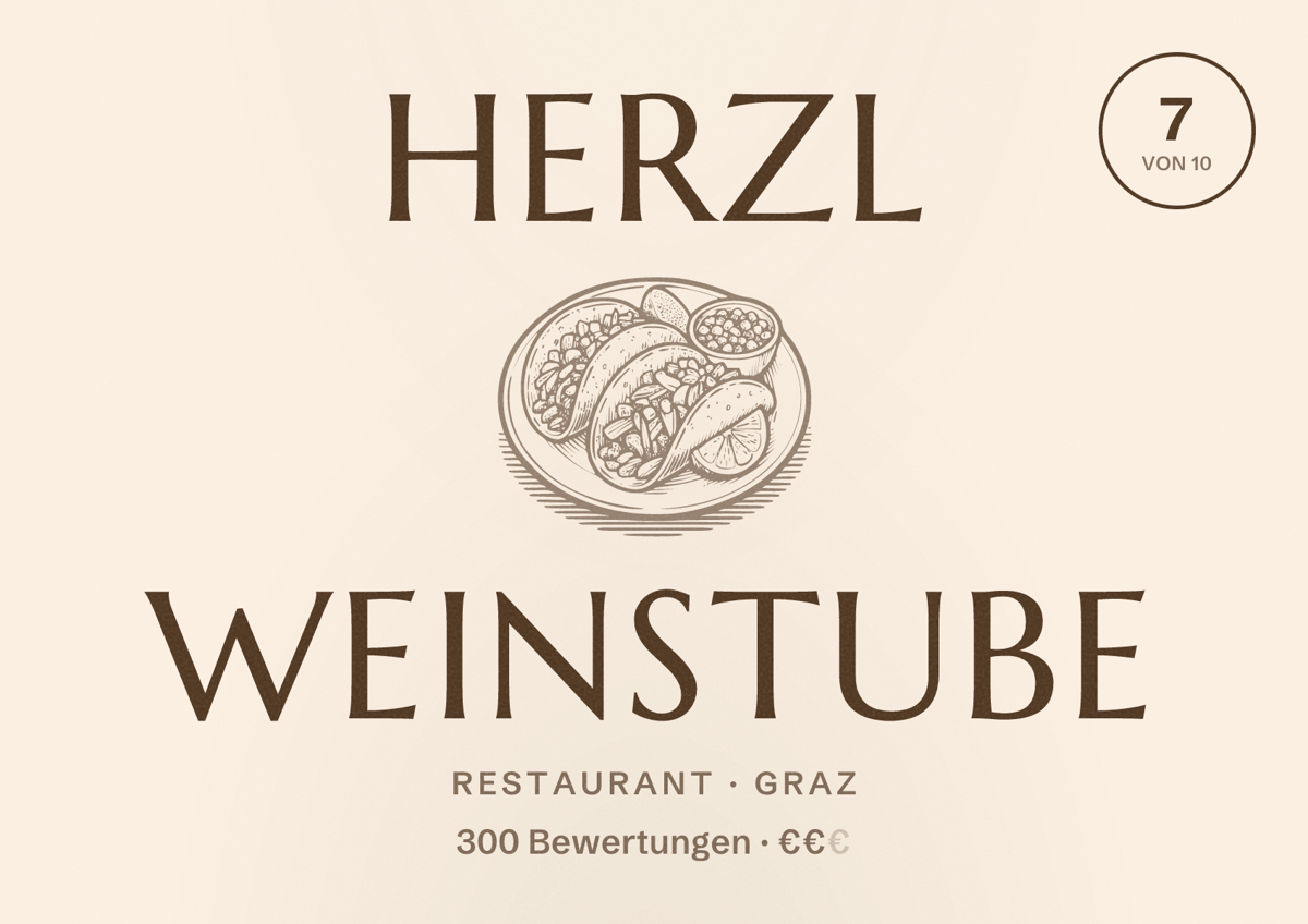 Illustriertes Poster von Herzl Weinstube, Restaurant in Graz: Bewertung 7 von 10 aus 300 Bewertungen, Preisniveau €€