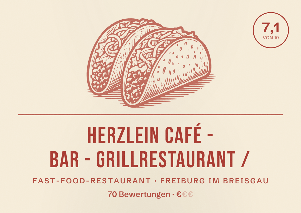 Illustriertes Poster von Herzlein Café - Bar - Grillrestaurant /, Fast-Food-Restaurant in Freiburg im Breisgau: Bewertung 7,1 von 10 aus 70 Bewertungen, Preisniveau €
