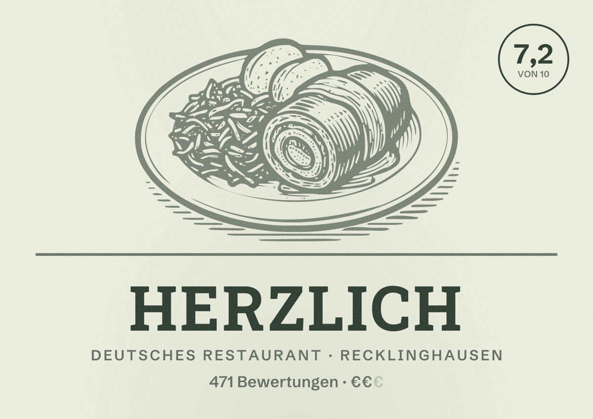Illustriertes Poster von Herzlich, Deutsches Restaurant in Recklinghausen: Gästebewertung 7,2 von 10 aus 471 Bewertungen