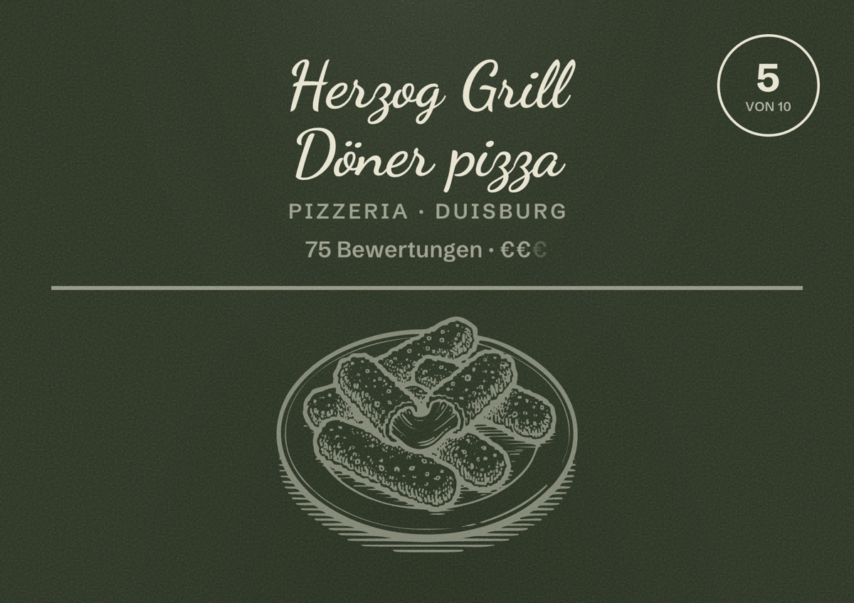 Illustriertes Poster von Herzog Grill Döner pizza, Pizzeria in Duisburg: Gästebewertung 5 von 10 aus 75 Bewertungen