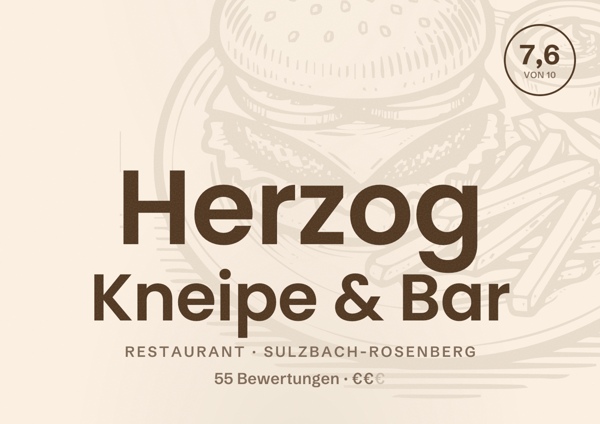 Illustriertes Poster von Herzog Kneipe & Bar, Restaurant in Sulzbach-Rosenberg: Bewertung 7,6 von 10 aus 55 Bewertungen, Preisniveau €€