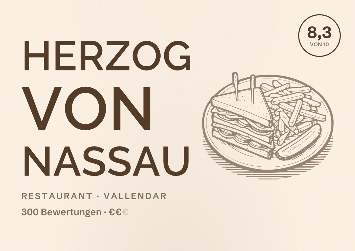 Illustriertes Poster von Herzog von Nassau, Restaurant in Vallendar: Bewertung 8,3 von 10 aus 300 Bewertungen, Preisniveau €€