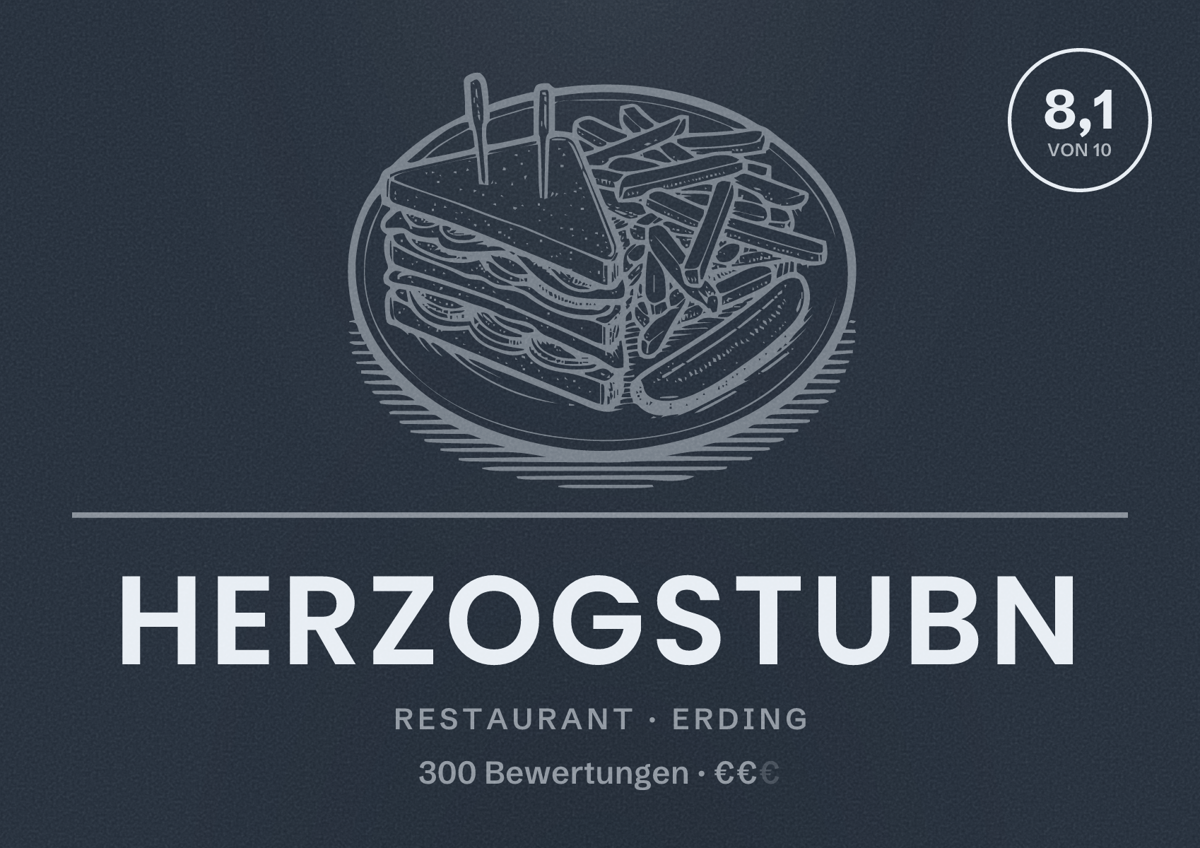 Illustriertes Poster von Herzogstubn, Restaurant in Erding: Bewertung 8,1 von 10 aus 300 Bewertungen, Preisniveau €€