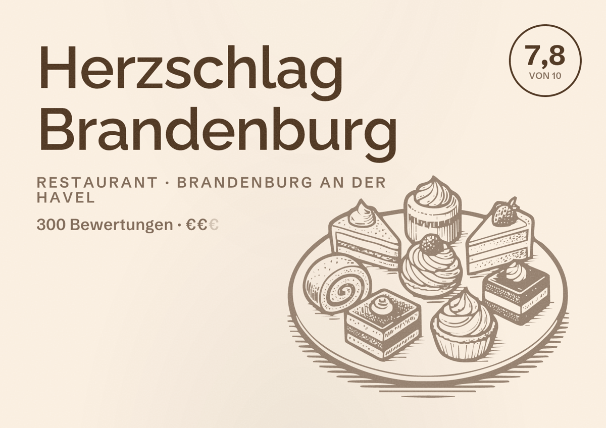 Illustriertes Poster von Herzschlag Brandenburg, Restaurant in Brandenburg an der Havel: Bewertung 7,8 von 10 aus 300 Bewertungen, Preisniveau €€