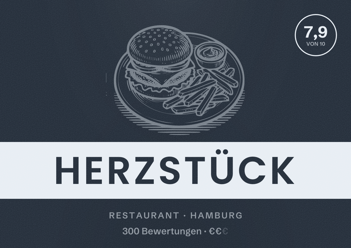 Illustriertes Poster von Herzstück, Restaurant in Hamburg: Bewertung 7,9 von 10 aus 300 Bewertungen, Preisniveau €€
