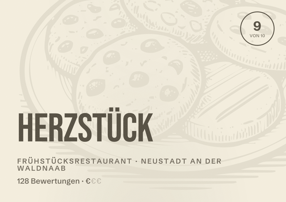 Illustriertes Poster von Herzstück, Frühstücksrestaurant in Neustadt an der Waldnaab: Bewertung 9 von 10 aus 128 Bewertungen, Preisniveau €