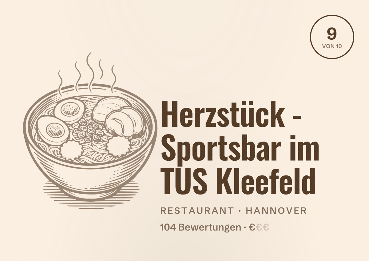 Illustriertes Poster von Herzstück - Sportsbar im TUS Kleefeld, Restaurant in Hannover: Bewertung 9 von 10 aus 104 Bewertungen, Preisniveau €