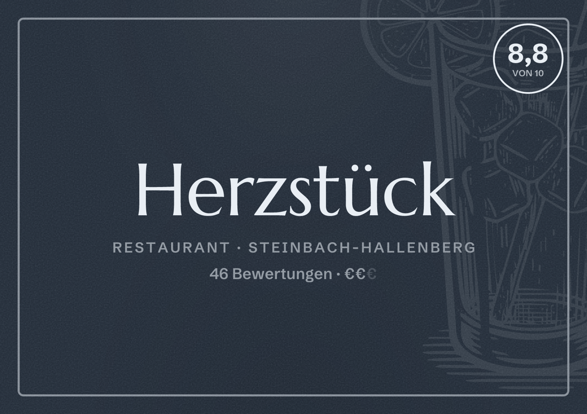 Illustriertes Poster von Herzstück, Restaurant in Steinbach-Hallenberg: Bewertung 8,8 von 10 aus 46 Bewertungen, Preisniveau €€