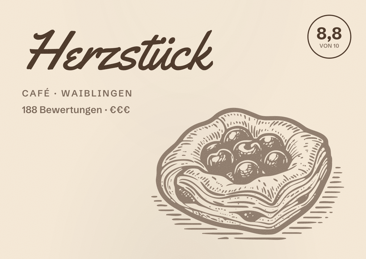 Illustriertes Poster von Herzstück, Café in Waiblingen: Bewertung 8,8 von 10 aus 188 Bewertungen, Preisniveau €€€
