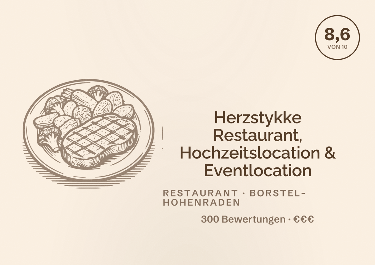 Illustriertes Poster von Herzstykke Restaurant, Hochzeitslocation & Eventlocation, Restaurant in Borstel-Hohenraden: Bewertung 8,6 von 10 aus 300 Bewertungen, Preisniveau €€€