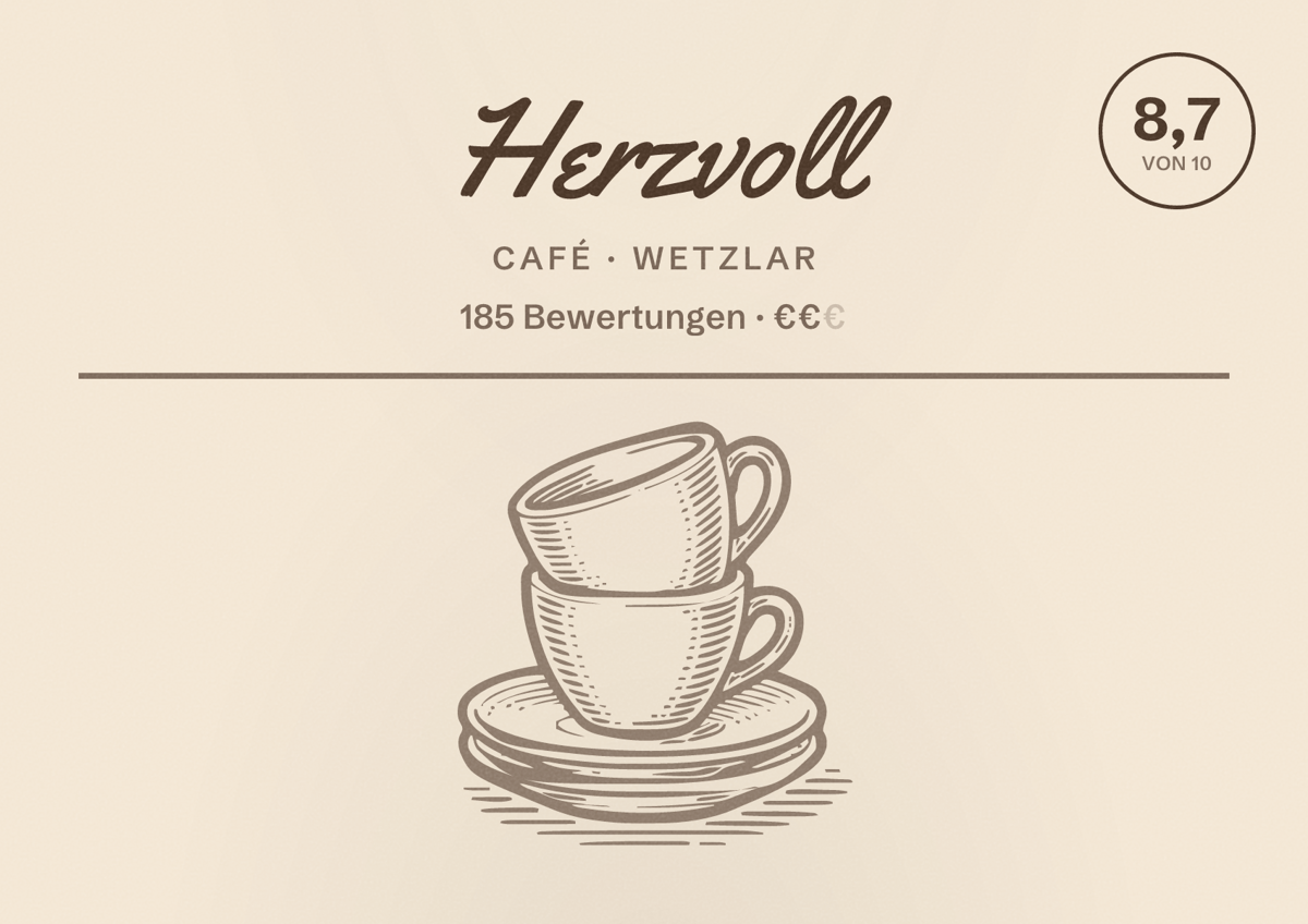 Illustriertes Poster von Herzvoll, Café in Wetzlar: Bewertung 8,7 von 10 aus 185 Bewertungen, Preisniveau €€