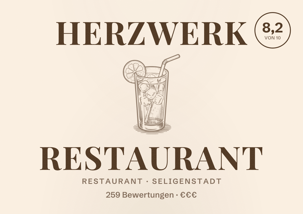 Illustriertes Poster von Herzwerk Restaurant, Restaurant in Seligenstadt: Bewertung 8,2 von 10 aus 259 Bewertungen, Preisniveau €€€