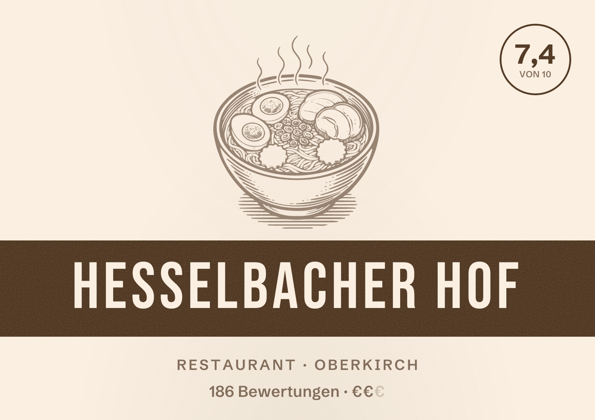 Illustriertes Poster von Hesselbacher Hof, Restaurant in Oberkirch: Bewertung 7,4 von 10 aus 186 Bewertungen, Preisniveau €€
