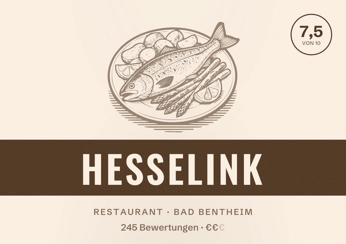 Illustriertes Poster von Hesselink, Restaurant in Bad Bentheim: Bewertung 7,5 von 10 aus 245 Bewertungen, Preisniveau €€