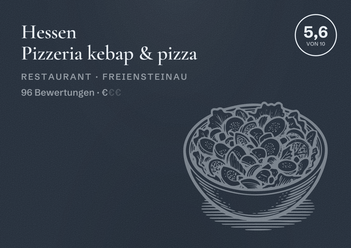 Illustriertes Poster von Hessen Pizzeria kebap & pizza, Restaurant in Freiensteinau: Bewertung 5,6 von 10 aus 96 Bewertungen, Preisniveau €