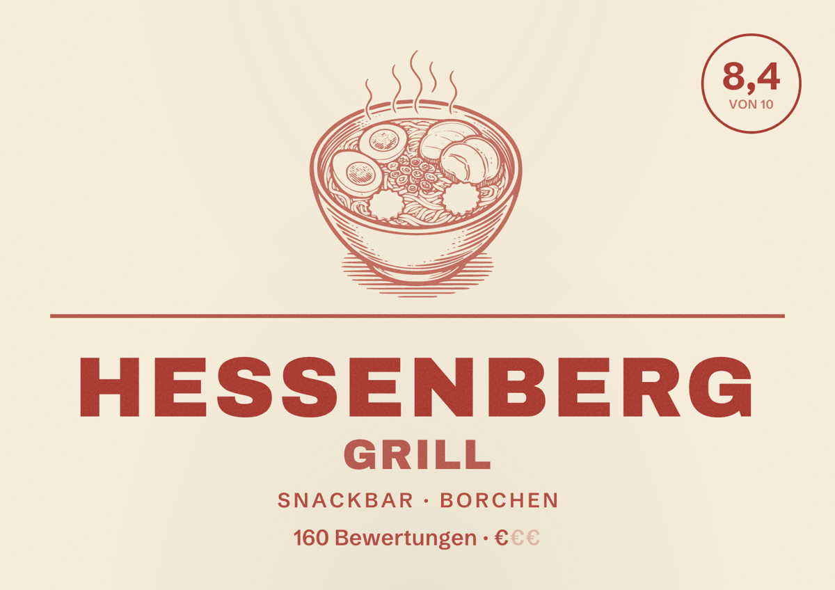 Illustriertes Poster von Hessenberg Grill, Snackbar in Borchen: Bewertung 8,4 von 10 aus 160 Bewertungen, Preisniveau €