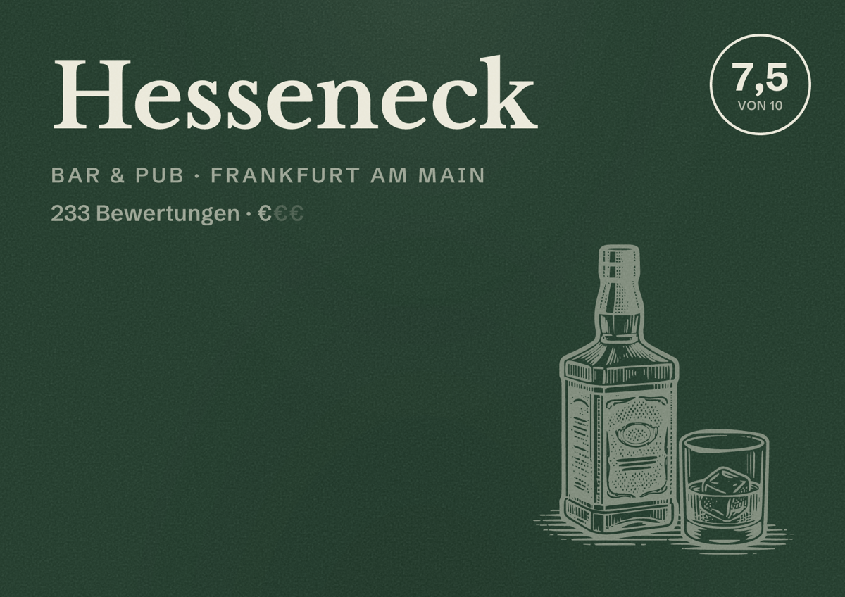 Illustriertes Poster von Hesseneck, Bar & Pub in Frankfurt am Main: Bewertung 7,5 von 10 aus 233 Bewertungen, Preisniveau €