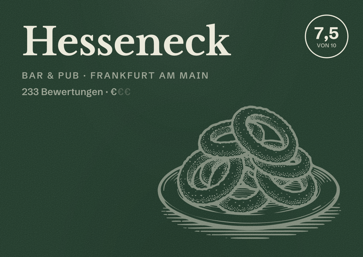 Illustriertes Poster von Hesseneck, Bar & Pub in Frankfurt am Main: Bewertung 7,5 von 10 aus 233 Bewertungen, Preisniveau €