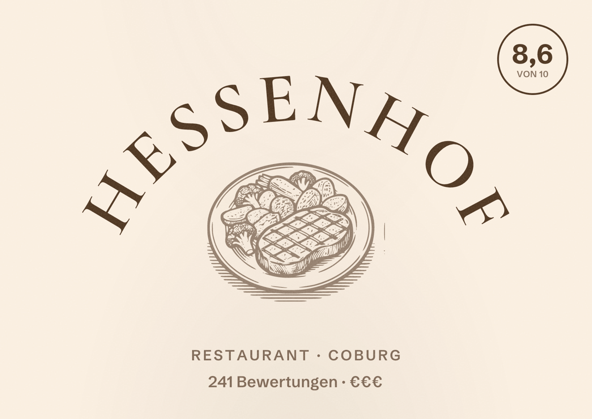 Illustriertes Poster von Hessenhof, Restaurant in Coburg: Bewertung 8,6 von 10 aus 241 Bewertungen, Preisniveau €€€