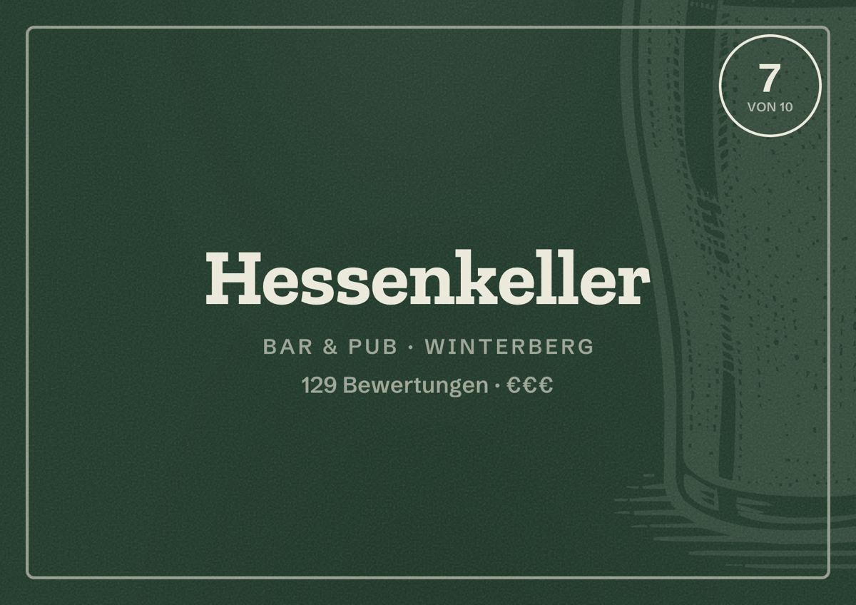 Illustriertes Poster von Hessenkeller, Bar & Pub in Winterberg: Bewertung 7 von 10 aus 129 Bewertungen, Preisniveau €€€