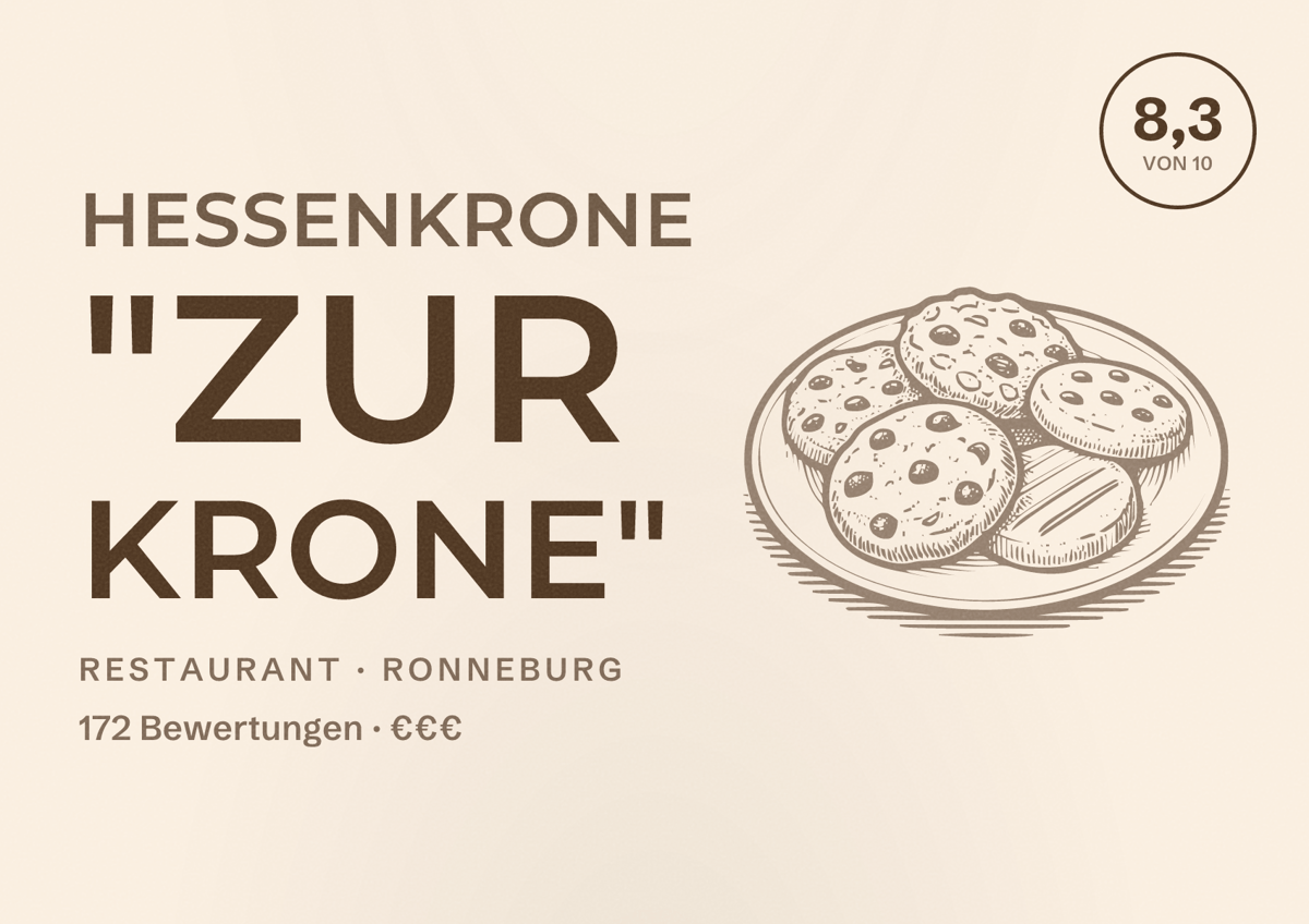 Illustriertes Poster von Hessenkrone "Zur Krone", Restaurant in Ronneburg: Bewertung 8,3 von 10 aus 172 Bewertungen, Preisniveau €€€