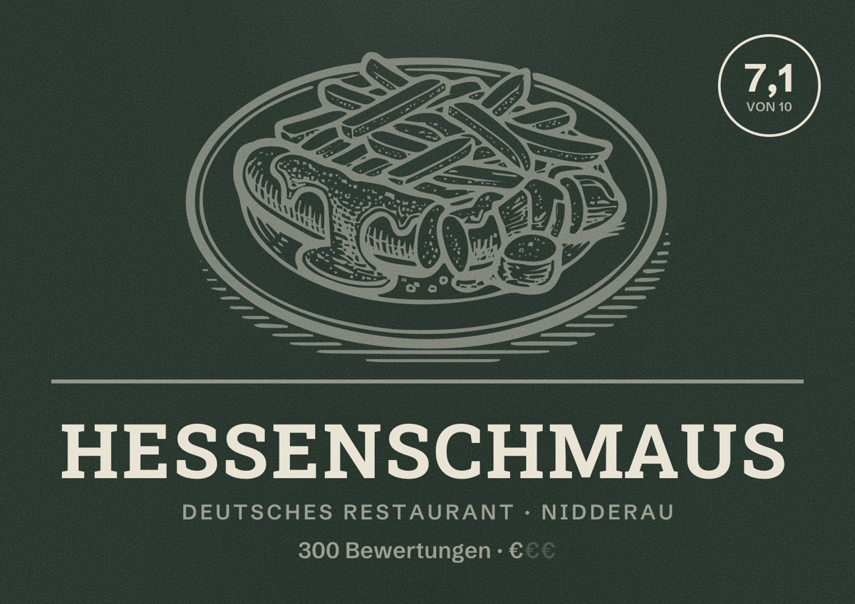Illustriertes Poster von Hessenschmaus, Deutsches Restaurant in Nidderau: Bewertung 7,1 von 10 aus 300 Bewertungen, Preisniveau €