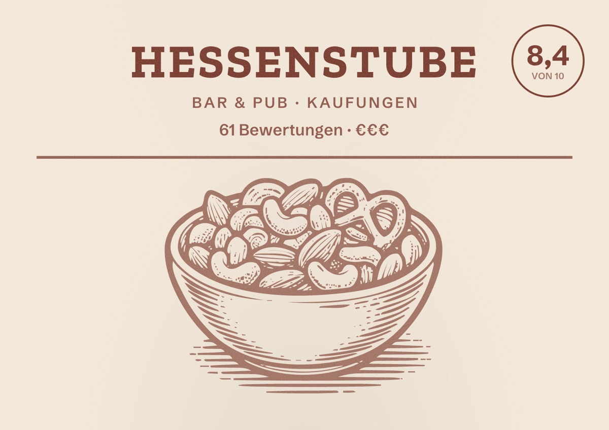 Illustriertes Poster von Hessenstube, Bar & Pub in Kaufungen: Bewertung 8,4 von 10 aus 61 Bewertungen, Preisniveau €€€