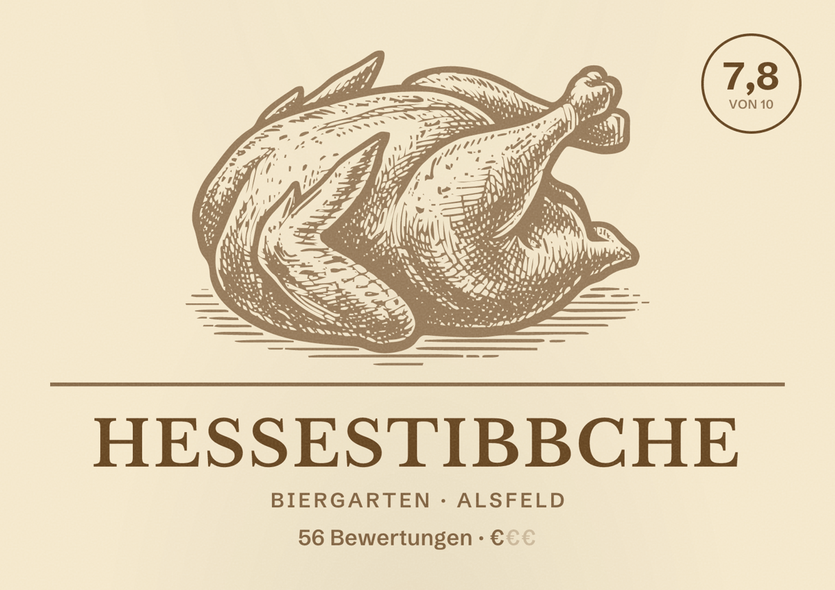 Illustriertes Poster von Hessestibbche, Biergarten in Alsfeld: Bewertung 7,8 von 10 aus 56 Bewertungen, Preisniveau €