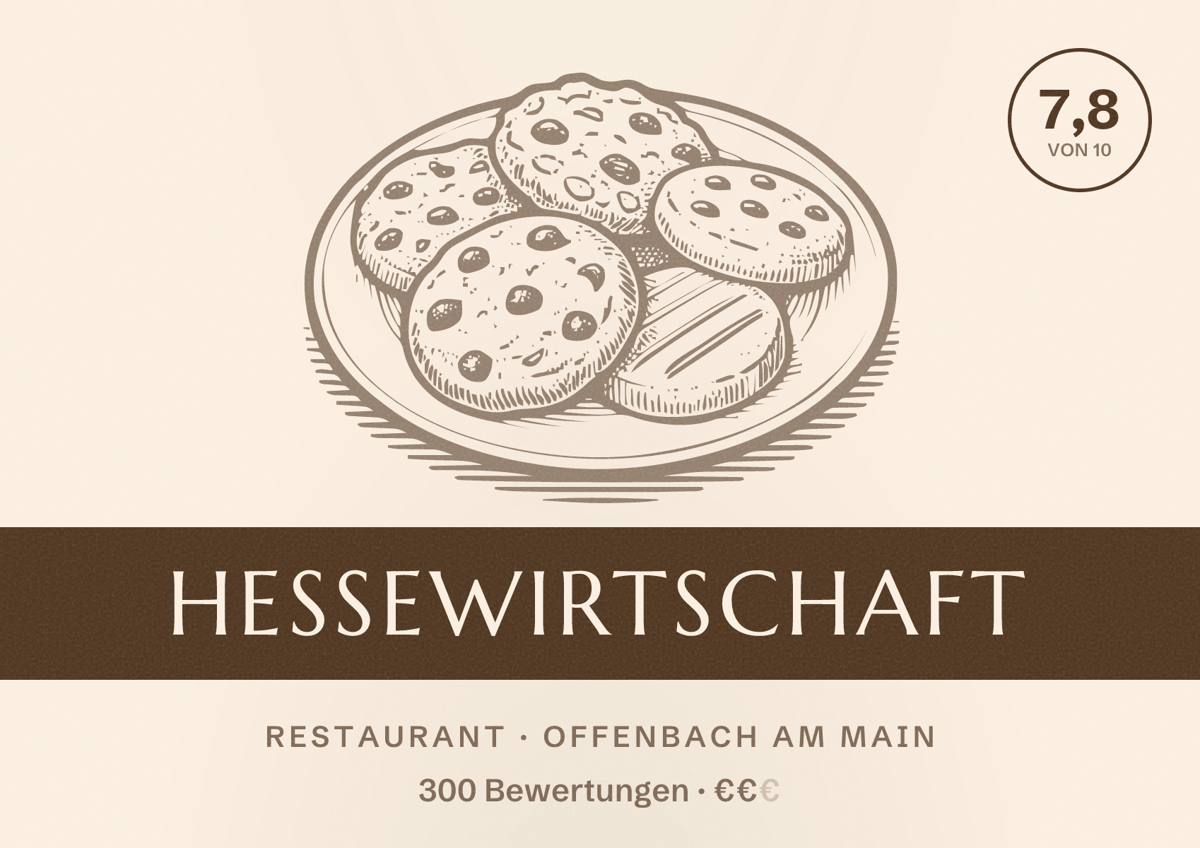 Illustriertes Poster von HesseWirtschaft, Restaurant in Offenbach am Main: Bewertung 7,8 von 10 aus 300 Bewertungen, Preisniveau €€