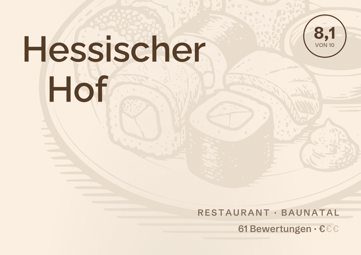 Illustriertes Poster von Hessischer Hof, Restaurant in Baunatal: Bewertung 8,1 von 10 aus 61 Bewertungen, Preisniveau €