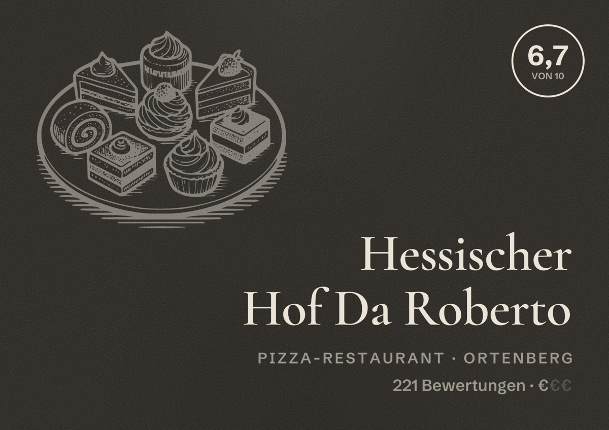 Illustriertes Poster von Hessischer Hof Da Roberto, Pizza-Restaurant in Ortenberg: Bewertung 6,7 von 10 aus 221 Bewertungen, Preisniveau €
