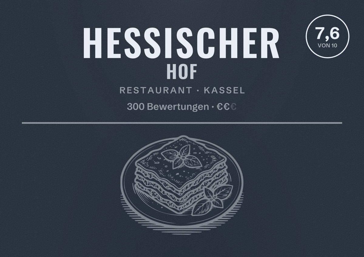 Illustriertes Poster von Hessischer Hof, Restaurant in Kassel: Bewertung 7,6 von 10 aus 300 Bewertungen, Preisniveau €€