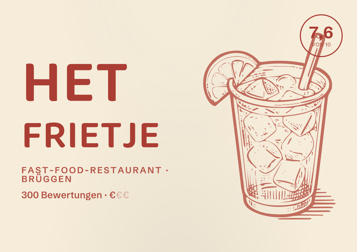 Illustriertes Poster von Het Frietje, Fast-Food-Restaurant in Brüggen: Bewertung 7,6 von 10 aus 300 Bewertungen, Preisniveau €