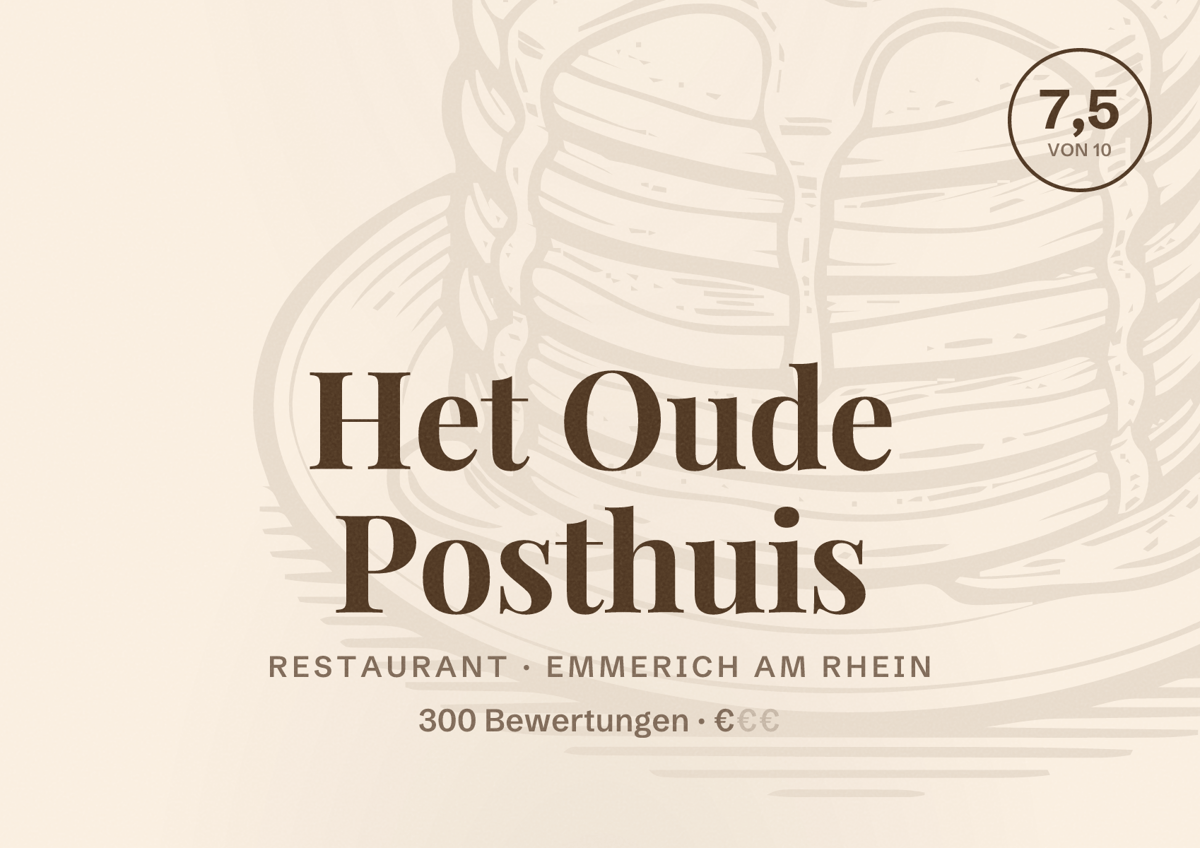 Illustriertes Poster von Het Oude Posthuis, Restaurant in Emmerich am Rhein: Bewertung 7,5 von 10 aus 300 Bewertungen, Preisniveau €