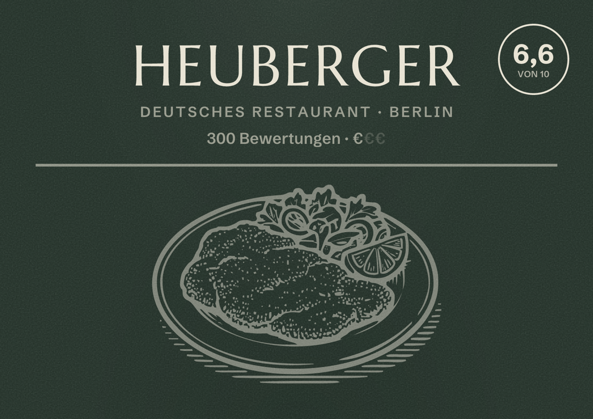 Illustriertes Poster von Heuberger, Deutsches Restaurant in Berlin: Bewertung 6,6 von 10 aus 300 Bewertungen, Preisniveau €