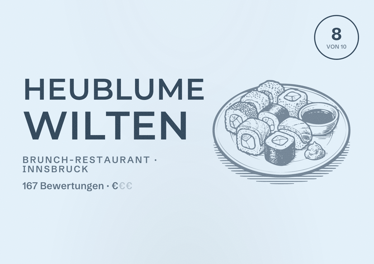 Illustriertes Poster von Heublume Wilten, Brunch-Restaurant in Innsbruck: Bewertung 8 von 10 aus 167 Bewertungen, Preisniveau €