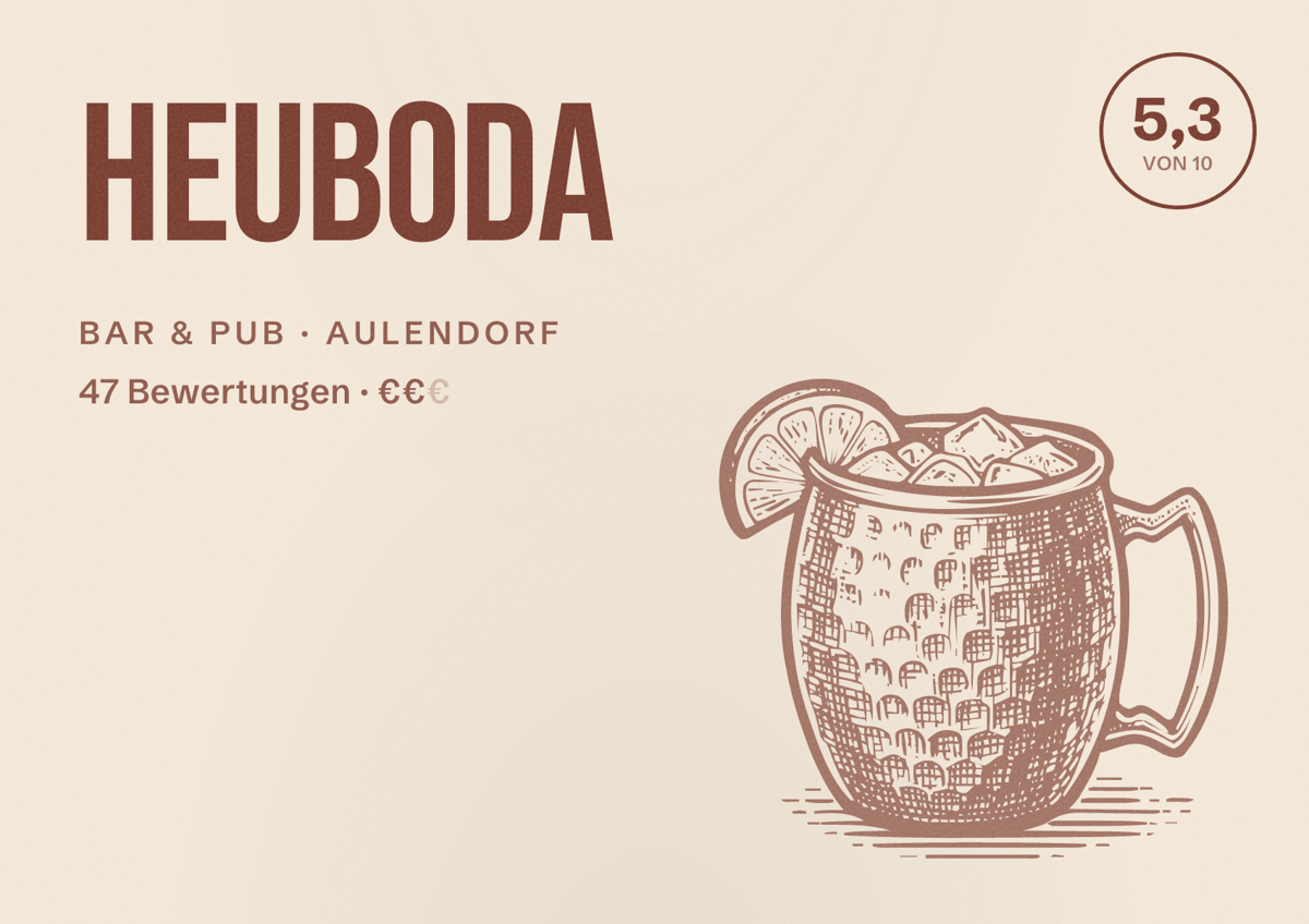 Illustriertes Poster von Heuboda, Bar & Pub in Aulendorf: Bewertung 5,3 von 10 aus 47 Bewertungen, Preisniveau €€