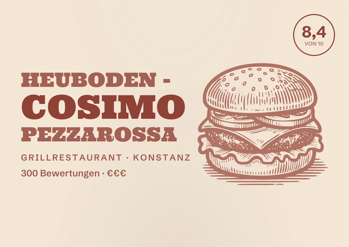 Illustriertes Poster von Heuboden - Cosimo Pezzarossa, Grillrestaurant in Konstanz: Bewertung 8,4 von 10 aus 300 Bewertungen, Preisniveau €€€
