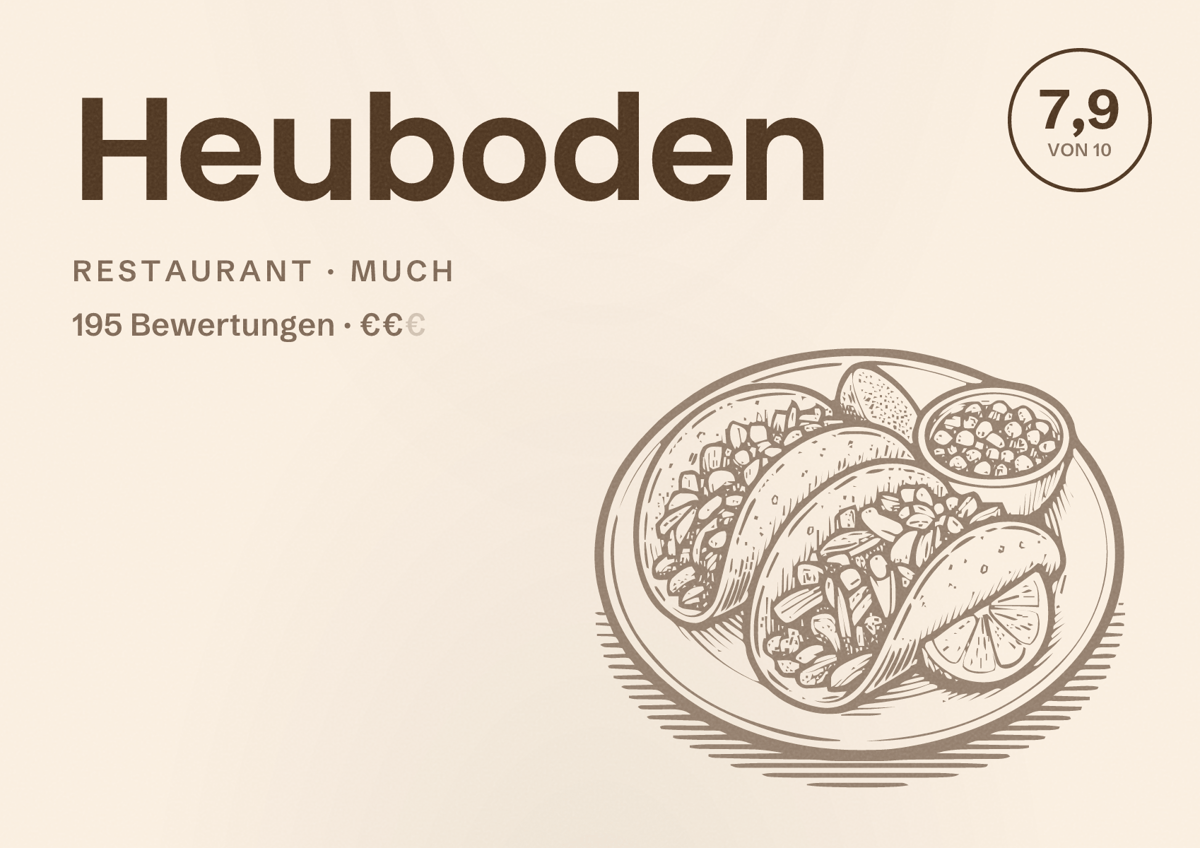 Illustriertes Poster von Heuboden, Restaurant in Much: Bewertung 7,9 von 10 aus 195 Bewertungen, Preisniveau €€