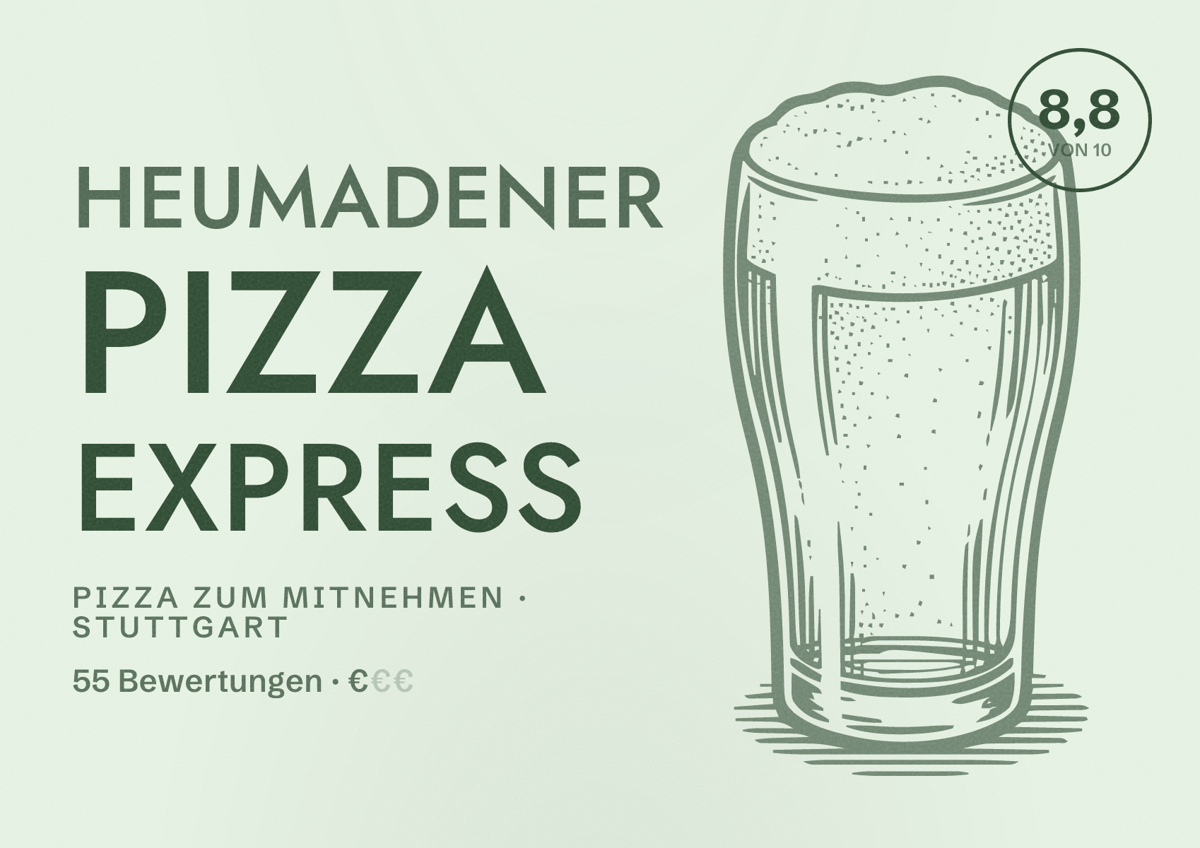 Illustriertes Poster von Heumadener Pizza Express, Pizza zum Mitnehmen in Stuttgart: Bewertung 8,8 von 10 aus 55 Bewertungen, Preisniveau €