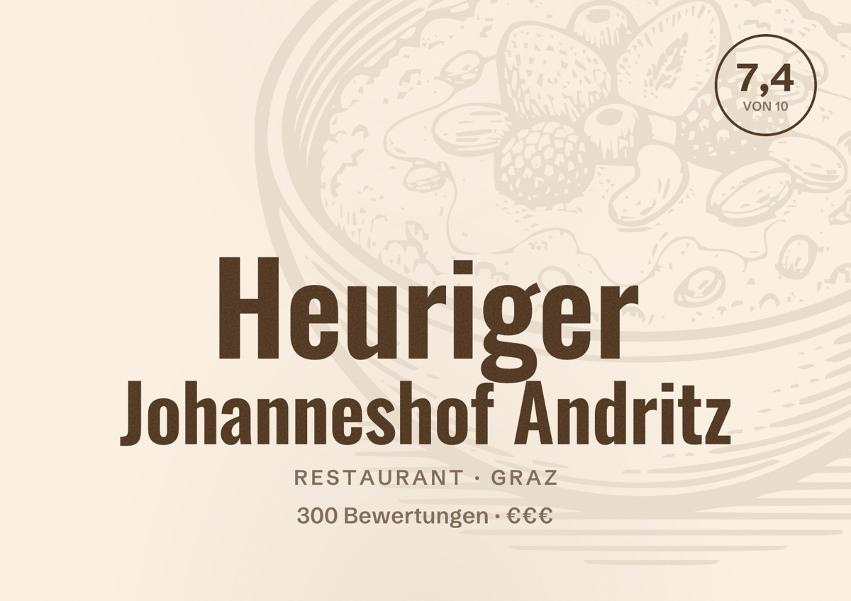 Illustriertes Poster von Heuriger Johanneshof Andritz, Restaurant in Graz: Bewertung 7,4 von 10 aus 300 Bewertungen, Preisniveau €€€